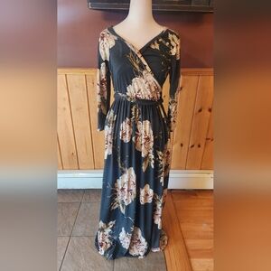 Flamingo Floral Maxi Wrap Dress Tie in Back Long Sleeve Forest Green Small